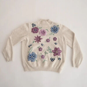 Vintage Alfred Dunner  Cream w Purple & Blue Floral Knit Mockneck Sweater PL